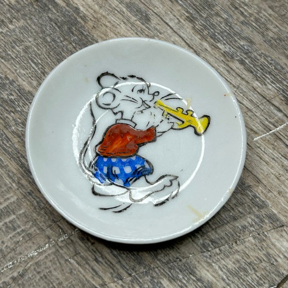 Made in Japan Mini Plate Porcelain Mouse Playing Instrument